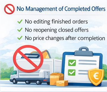 Kuva, joka osoittaa, että kuljettajat eivät voi muokata tai avata uudelleen päättyneitä kuljetustarjouksia ExusTrans-alustalla